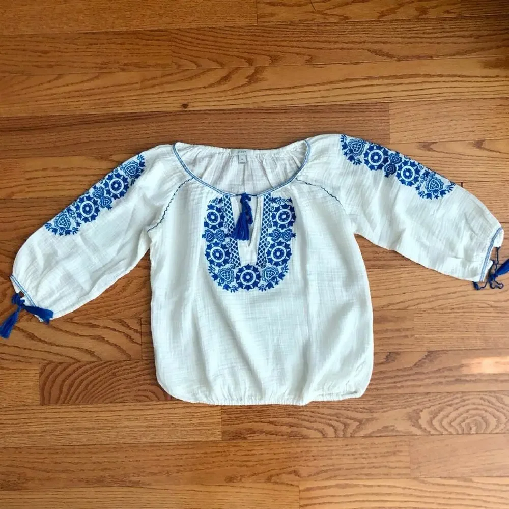 J.CREW Resort Boho Cotton 3/4 Sleeves Embroidered White Blue Top Women’s Size XS